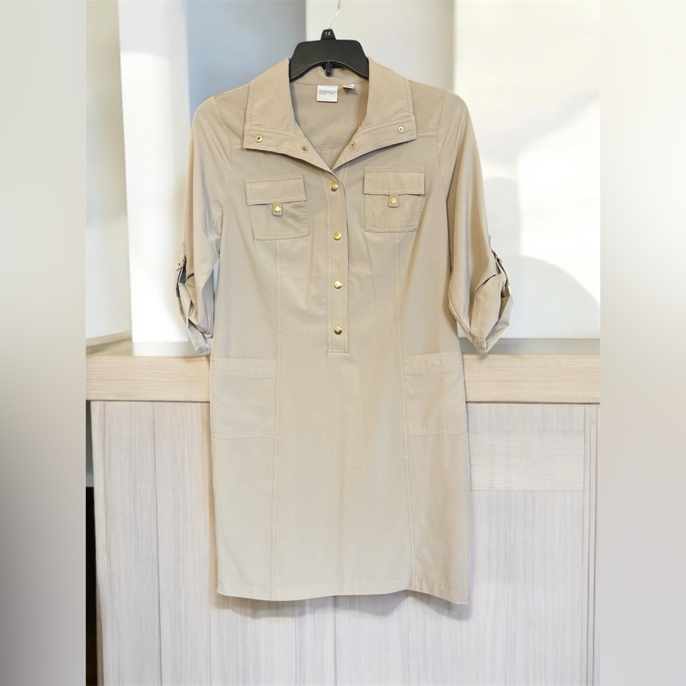Beige Button-Up Dress with Gold Accents